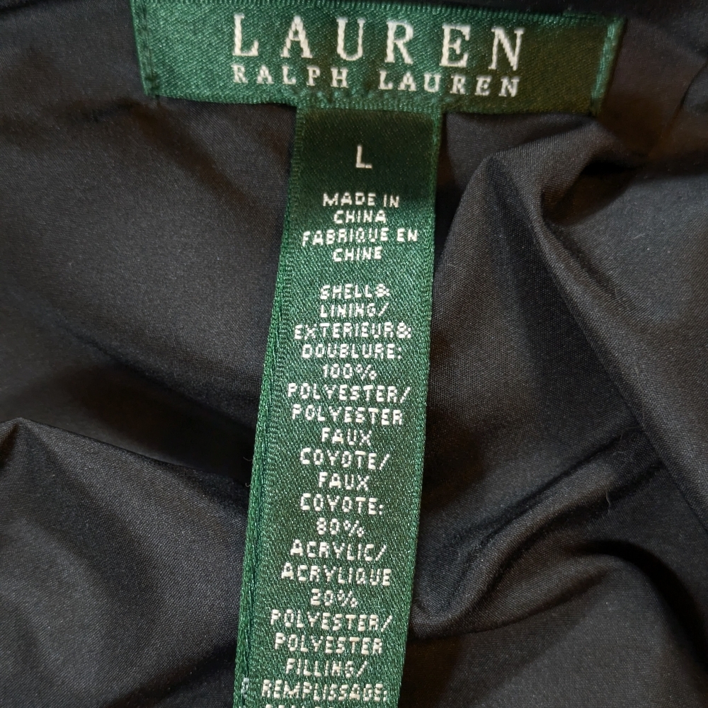Lauren Ralph Lauren Women's Down Black Puffer Jacket Coat Faux Coyote Fur Trim L - Picture 11 of 13